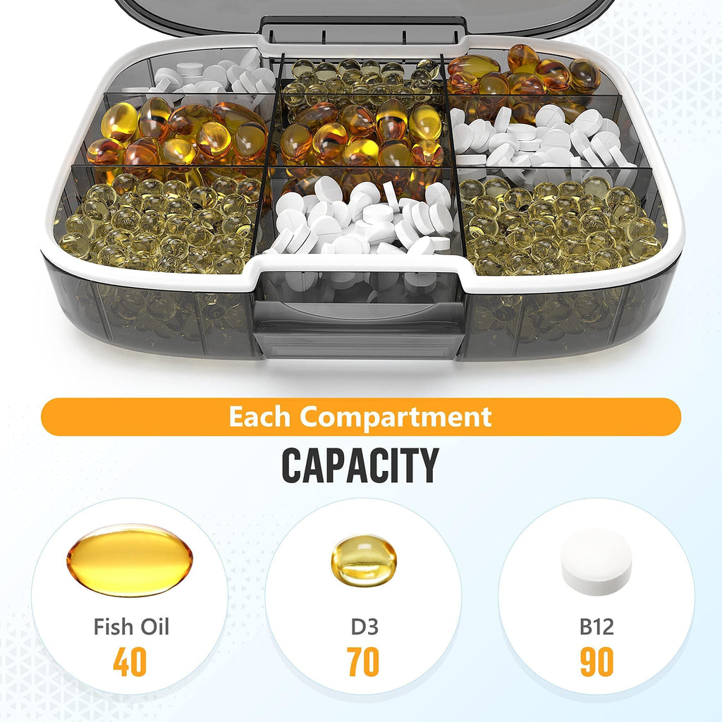 Extra Large Pill Organizer Medicine Case Black Pill Box Adjustable Compartment